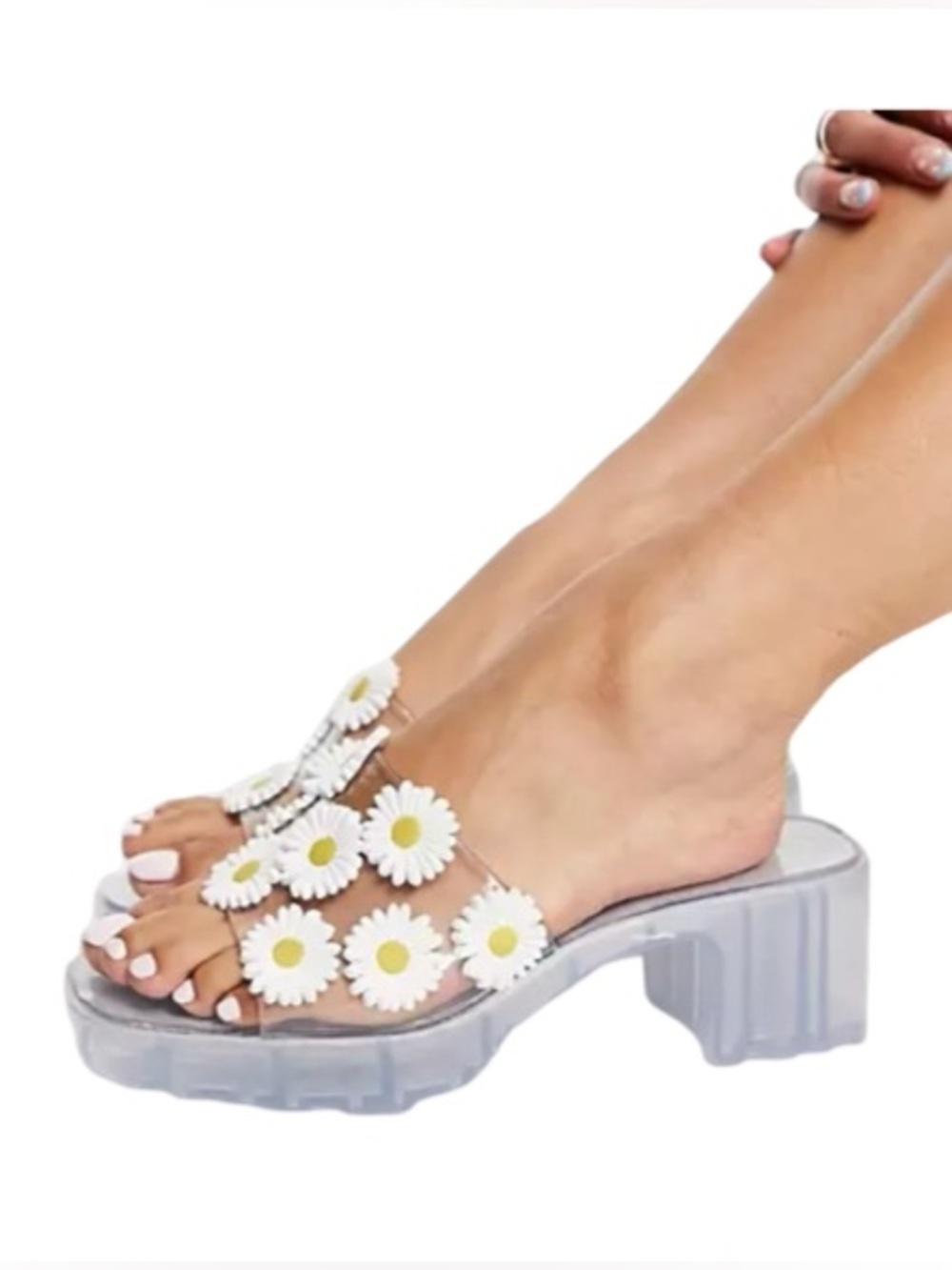 ◻️🌼▫️ASOS Clear Daisy Embellished Platform Heeled‎ Slide Sandals ▫️🌼◻️